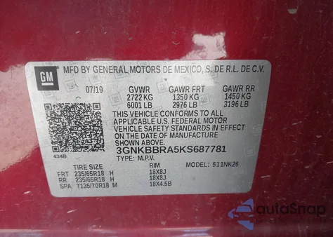 2019 Chevrolet Blazer из США, поврежденный, VIN 3GNKBBRA5KS687781